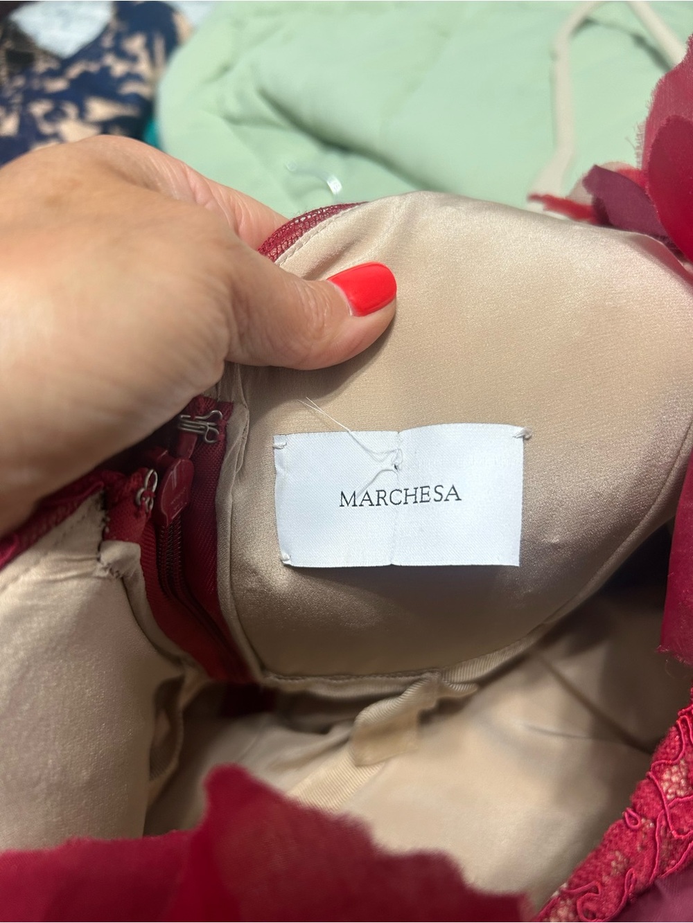 Marchesa Burgundy Floral Appliqué Cocktail Dress